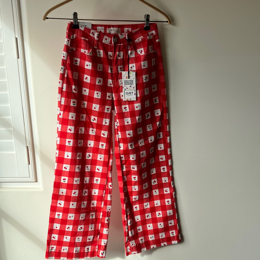 OAT Red Checkered Cherry Print High Waist Wide-Leg Pants Women’s Size 2/26 NWT